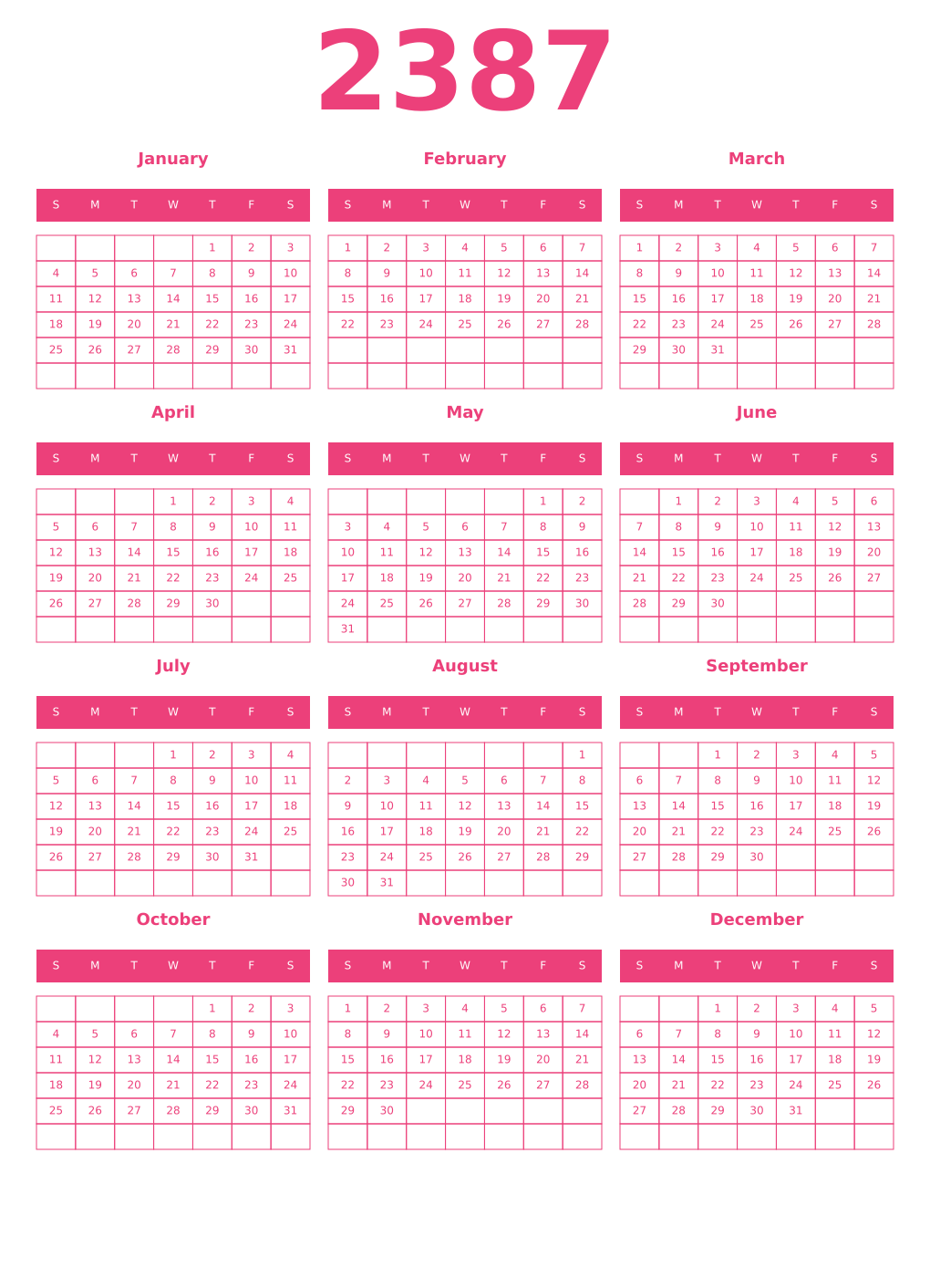 Printable 2387 Year Calendars pink