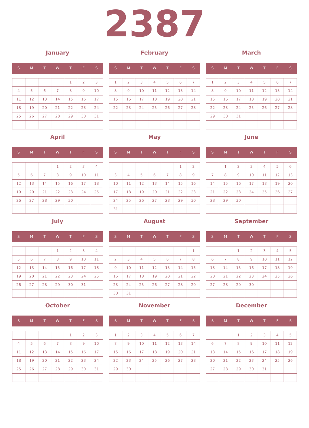 Printable 2387 Year Calendars puce