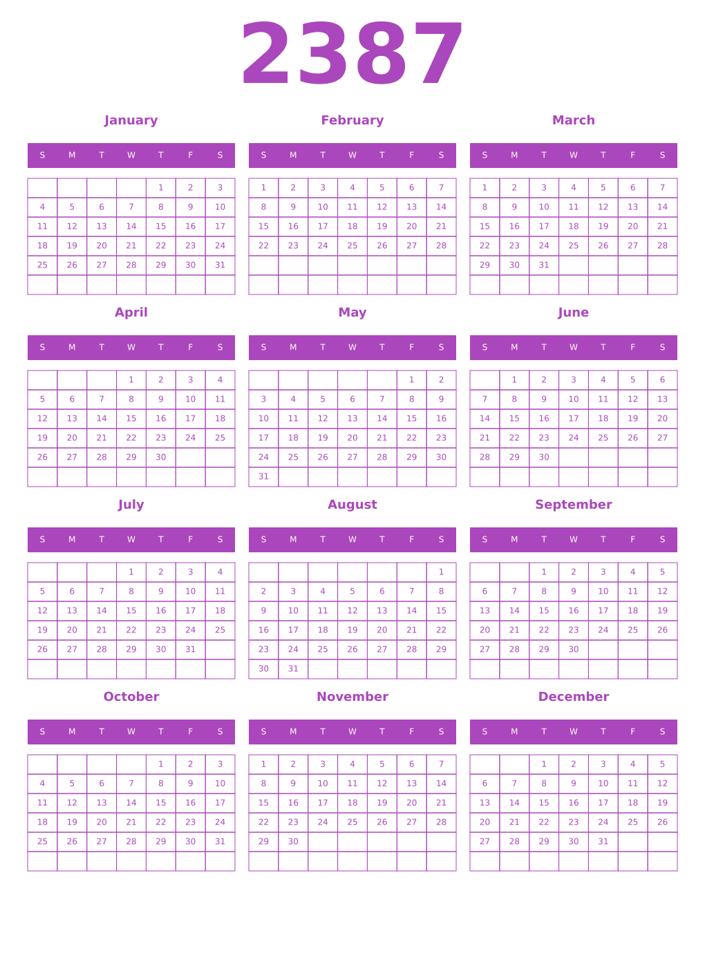 Printable 2387 Year Calendars purple