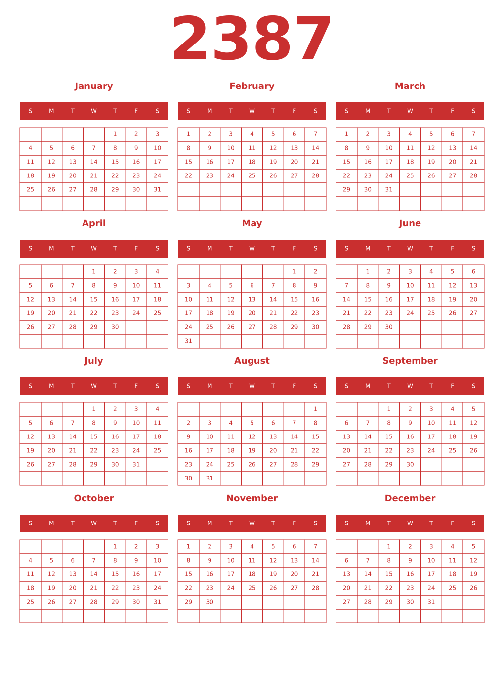Printable 2387 Year Calendars red