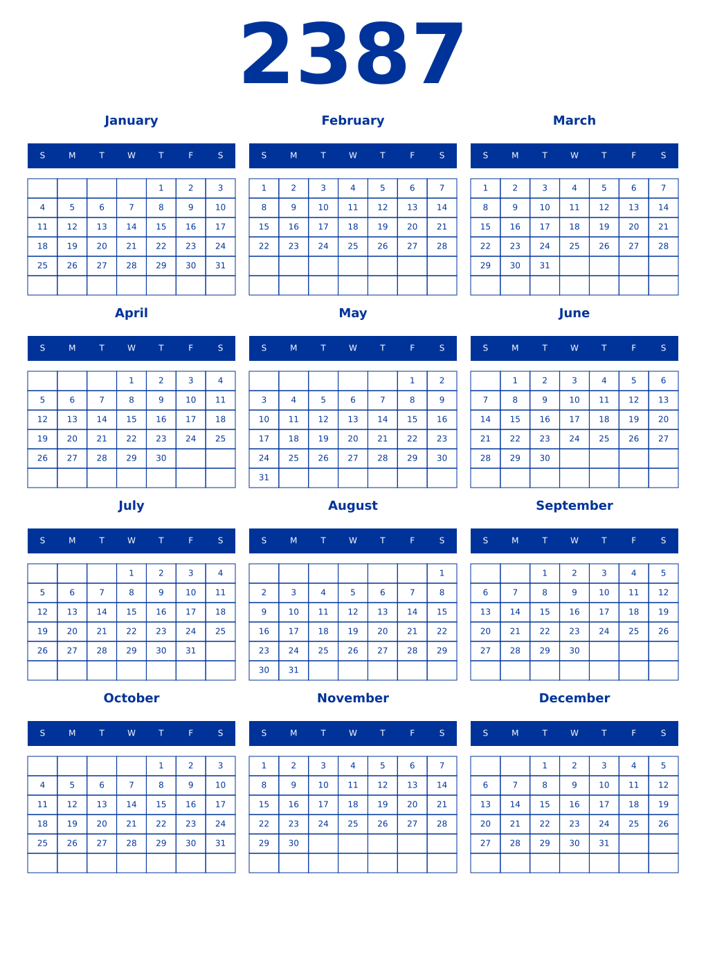 Printable 2387 Year Calendars smalt