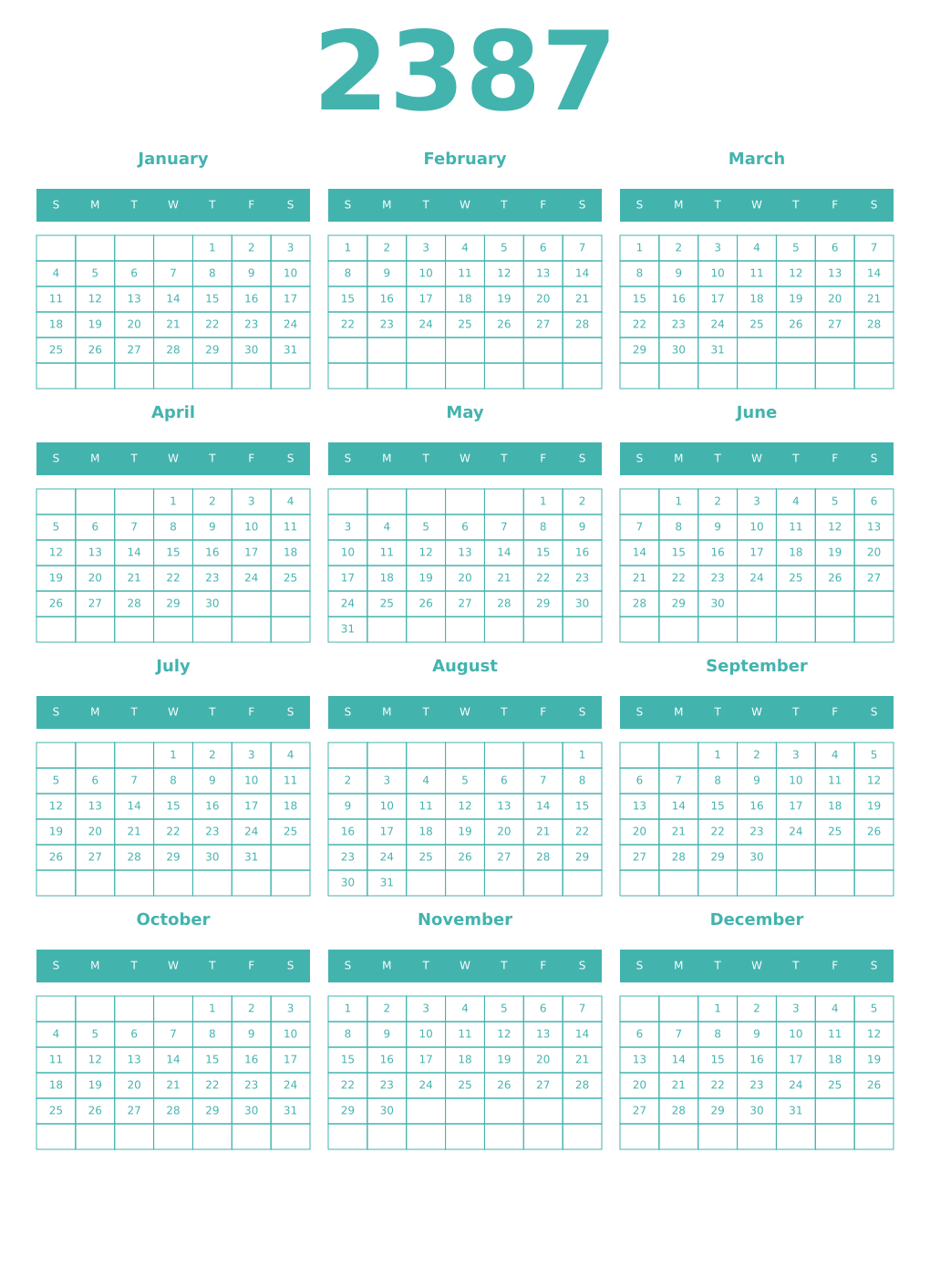 Printable 2387 Year Calendars verdigris
