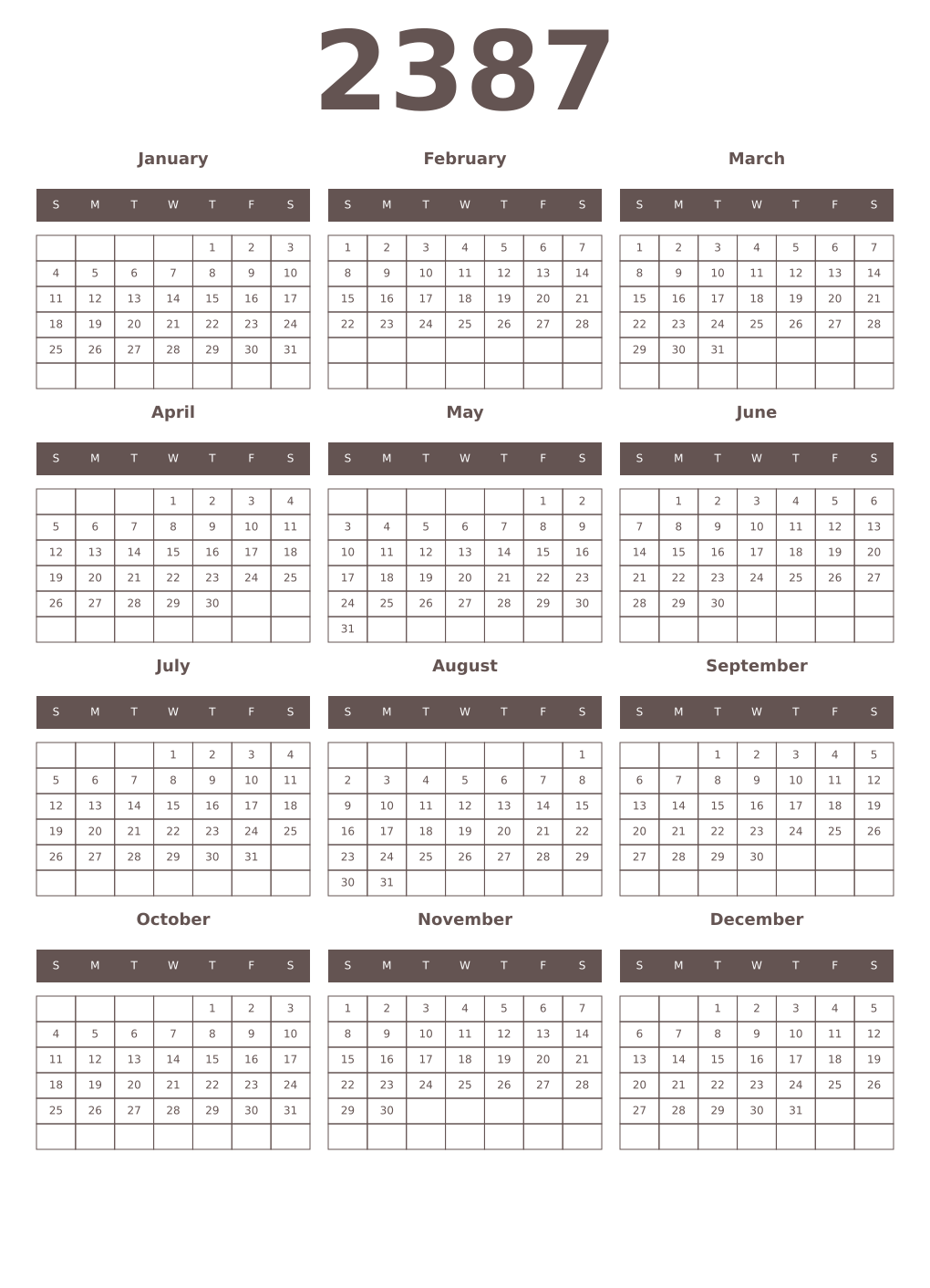 Printable 2387 Year Calendars wenge