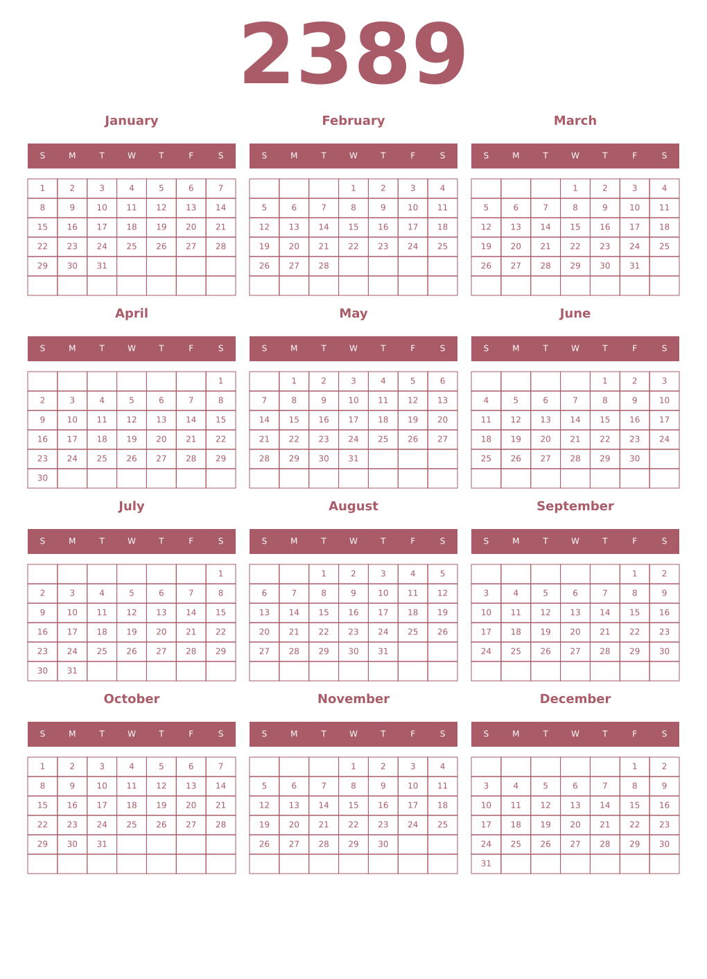 Printable 2389 Year Calendars puce