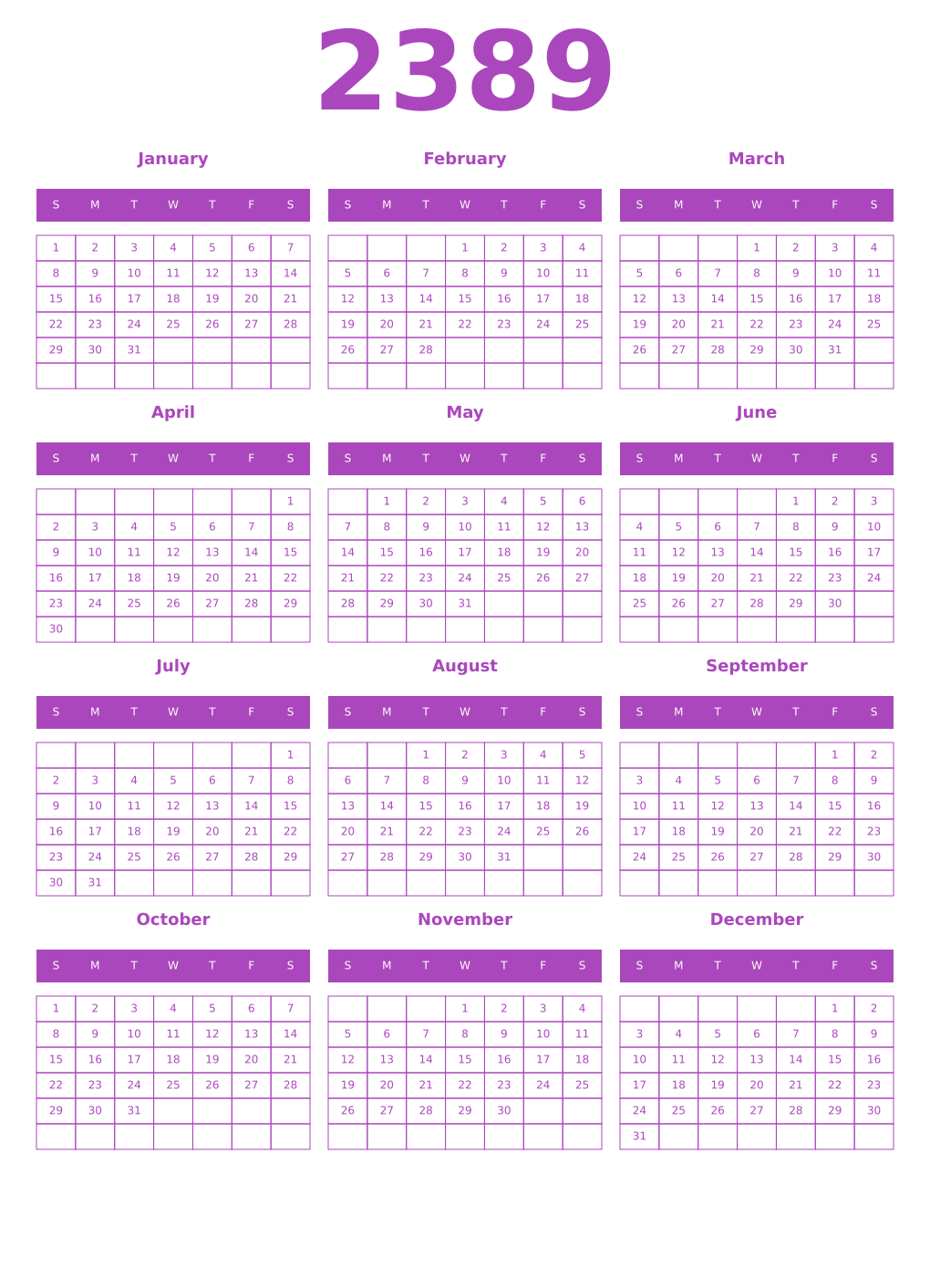 Printable 2389 Year Calendars purple