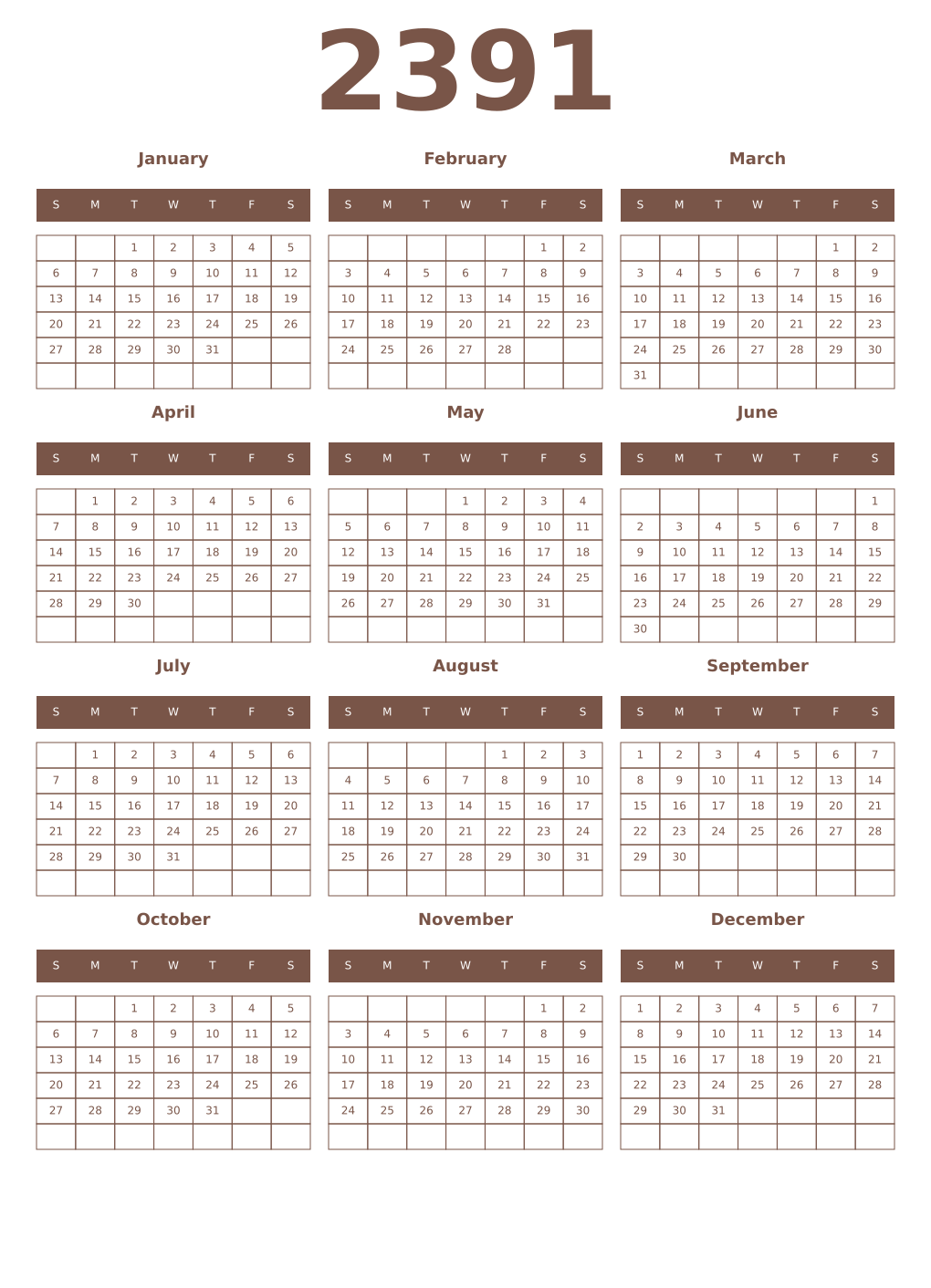 Printable 2391 Year Calendars coffe