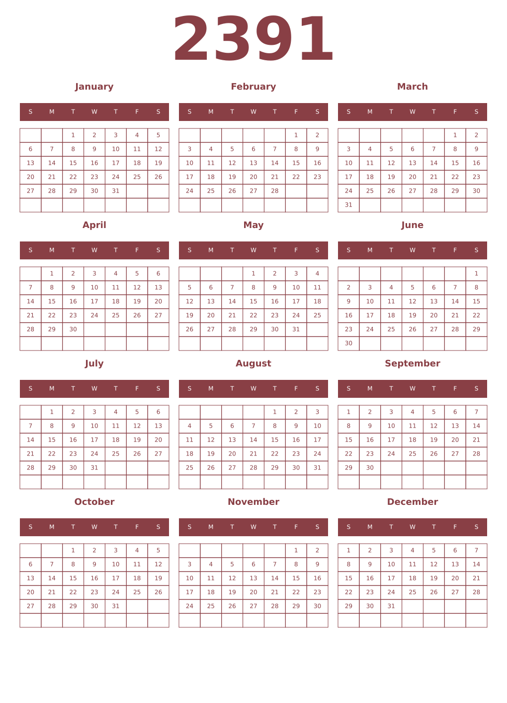 Printable 2391 Year Calendars cordovan
