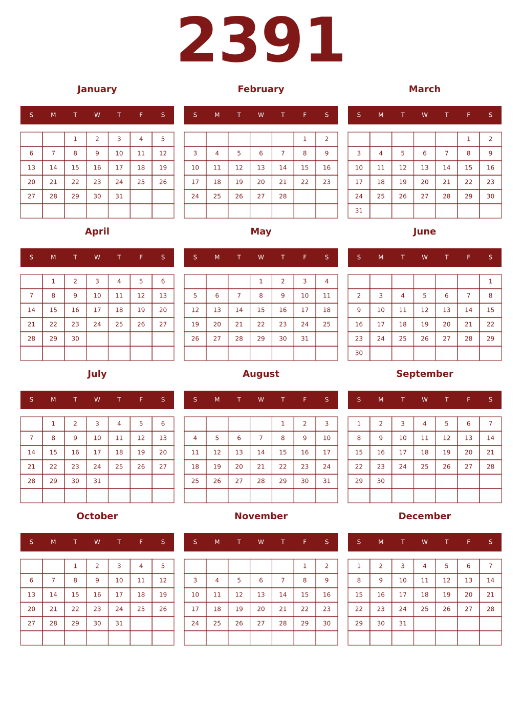 Printable 2391 Year Calendars falu