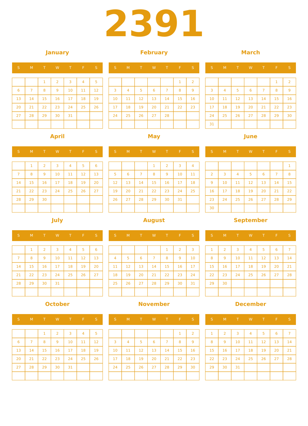 Printable 2391 Year Calendars gamboge