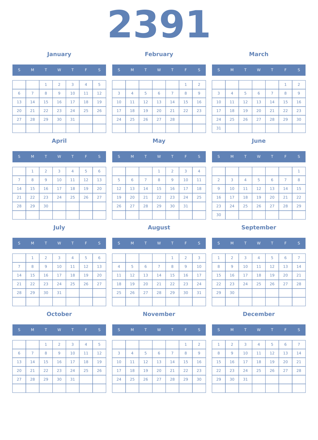 Printable 2391 Year Calendars glaucous
