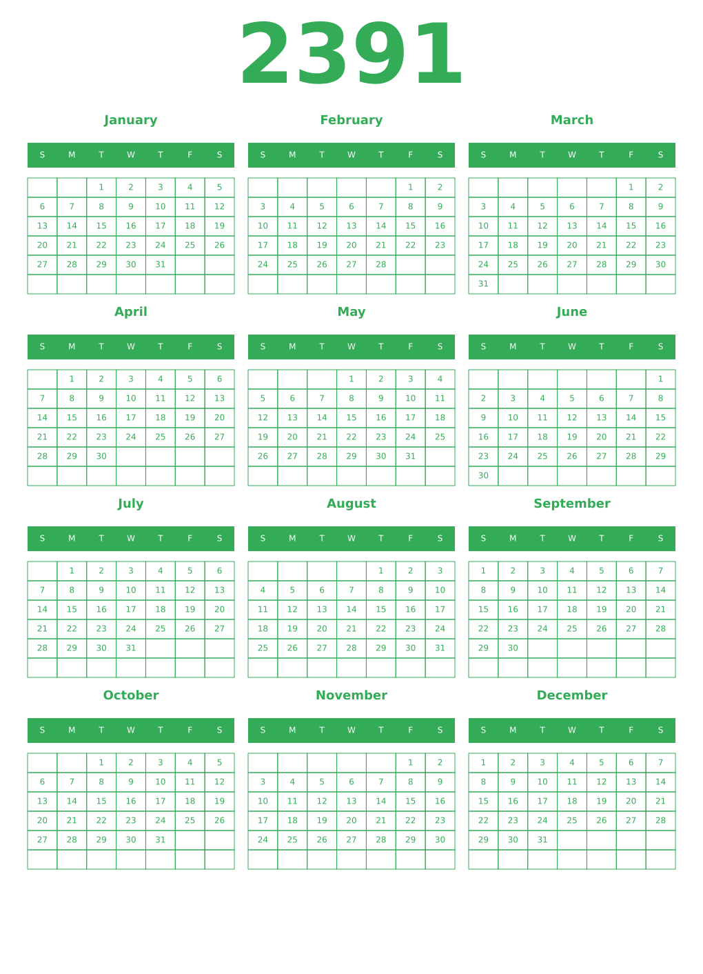 Printable 2391 Year Calendars green