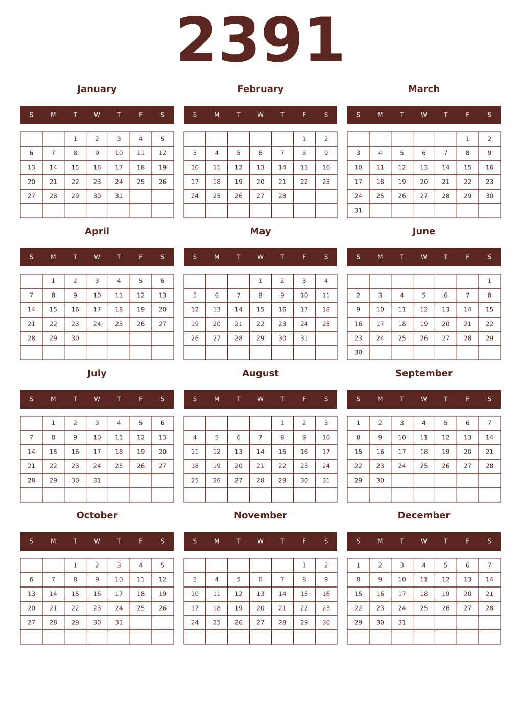 Printable 2391 Year Calendars mortuum