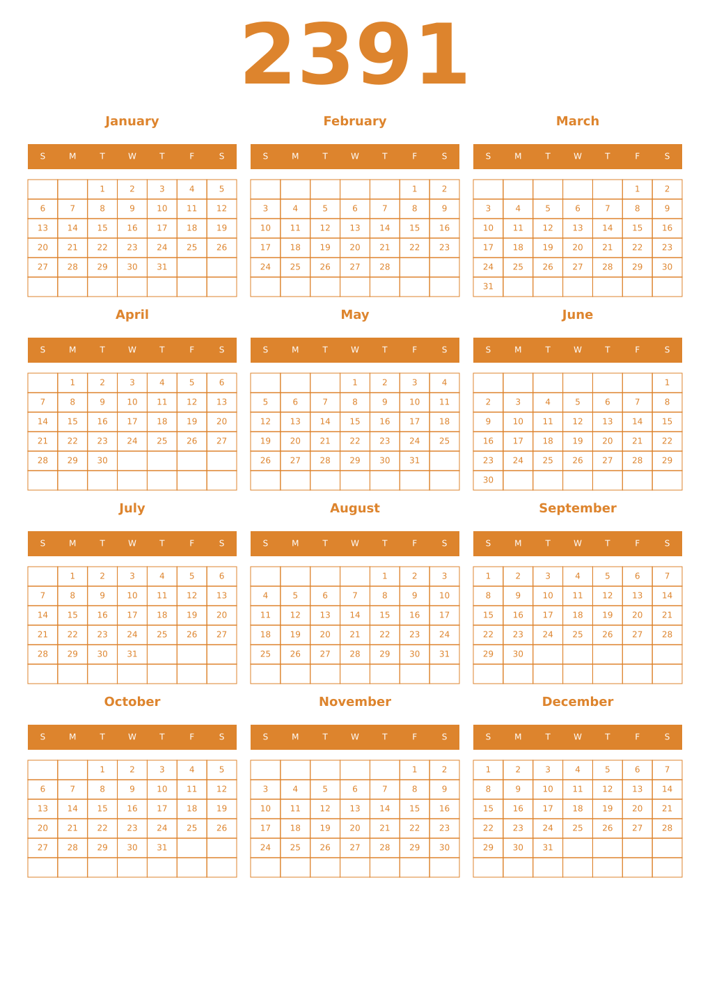 Printable 2391 Year Calendars orange