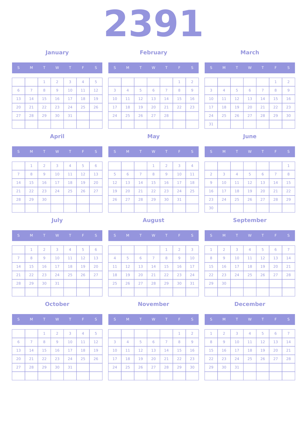 Printable 2391 Year Calendars periwinkle
