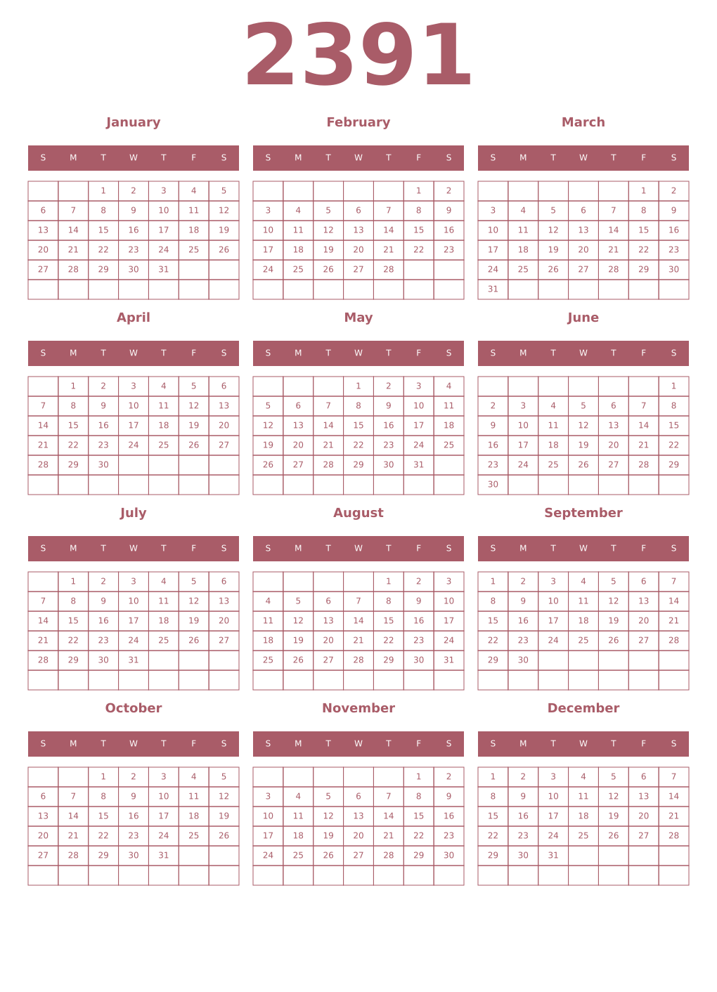 Printable 2391 Year Calendars puce