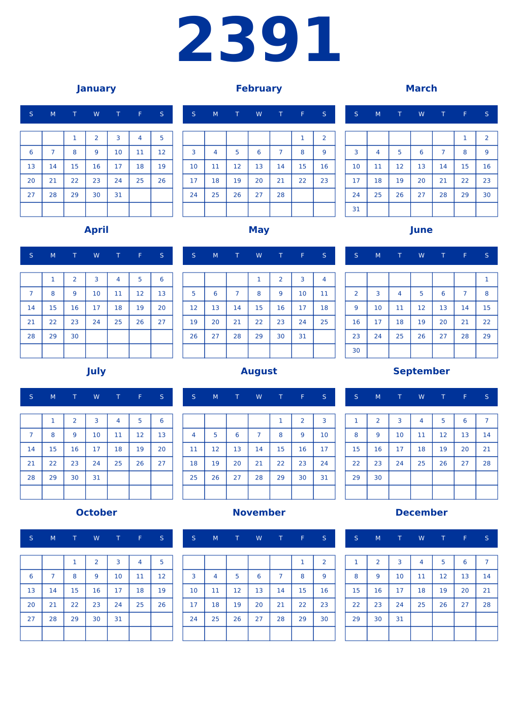 Printable 2391 Year Calendars smalt