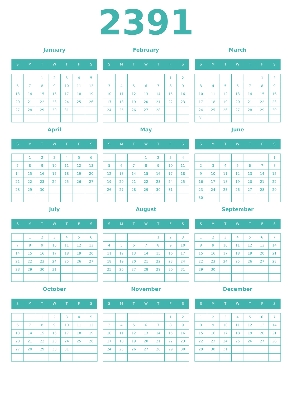 Printable 2391 Year Calendars verdigris