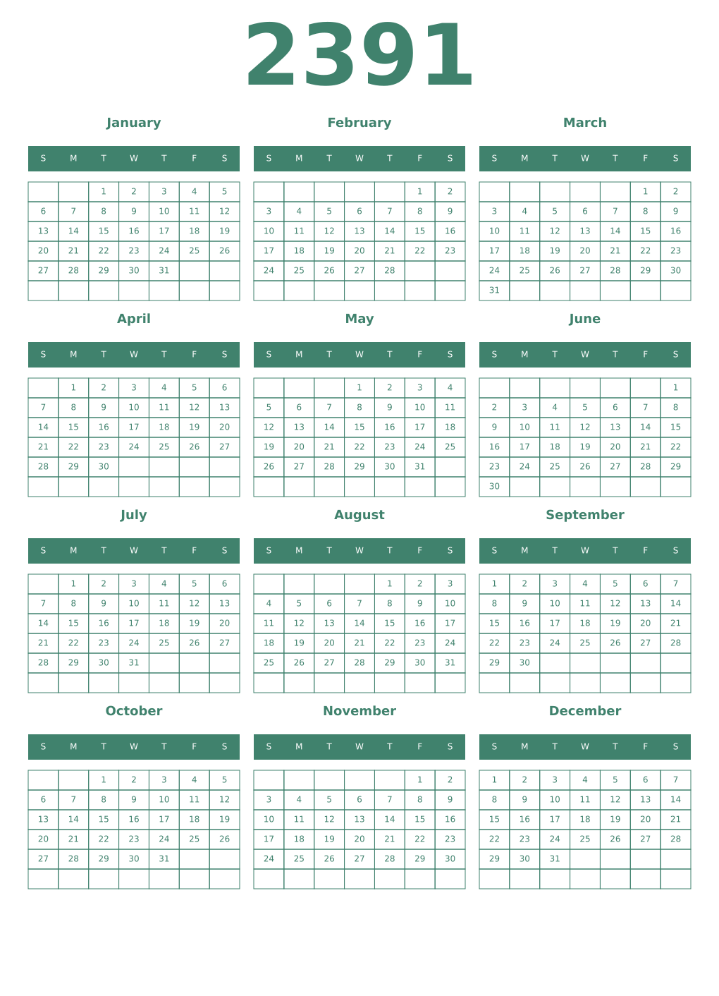 Printable 2391 Year Calendars viridian
