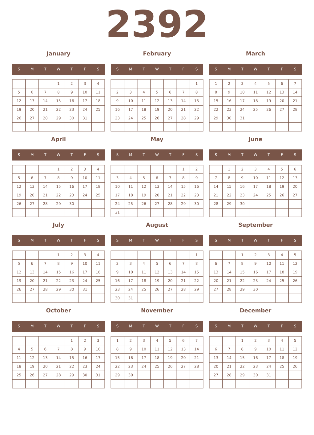 Printable 2392 Year Calendars coffe