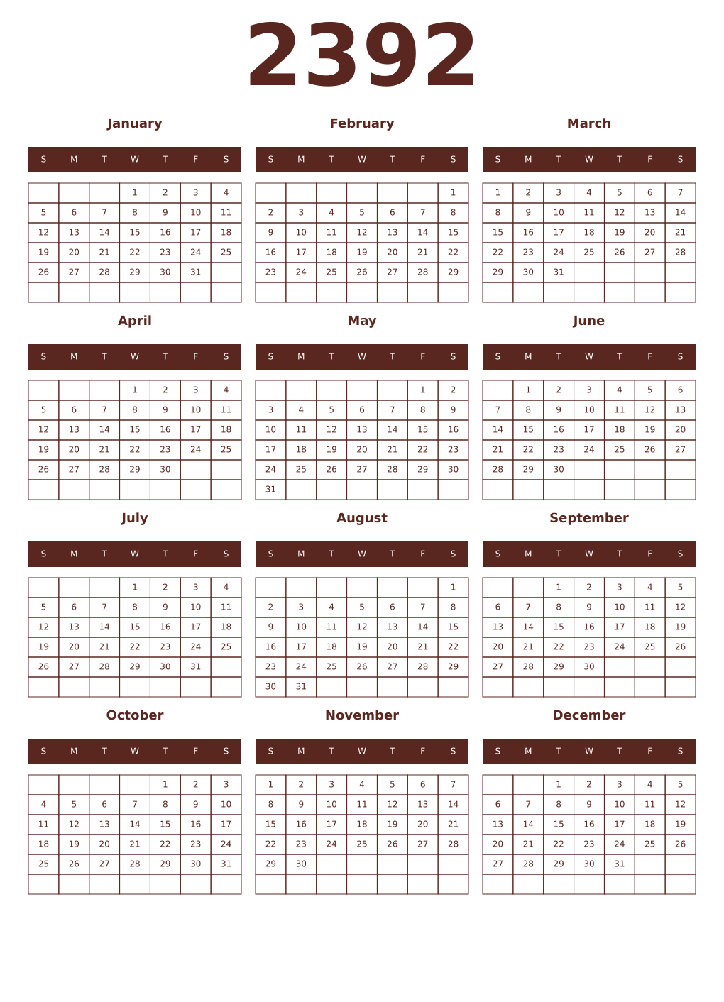 Printable 2392 Year Calendars mortuum