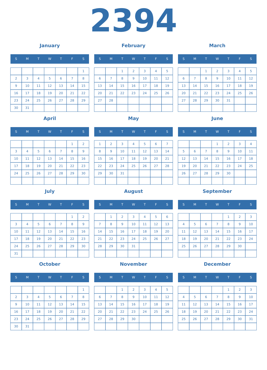 Printable 2394 Year Calendars blue