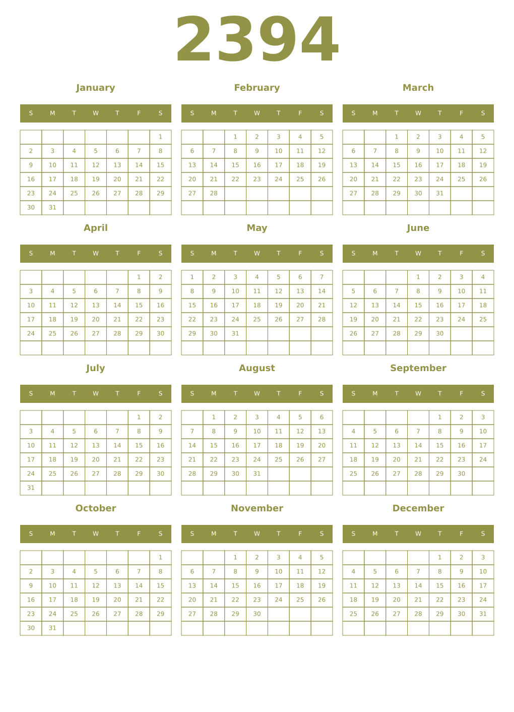 Printable 2394 Year Calendars eburnean