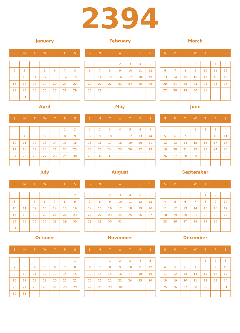 Printable 2394 Year Calendars orange