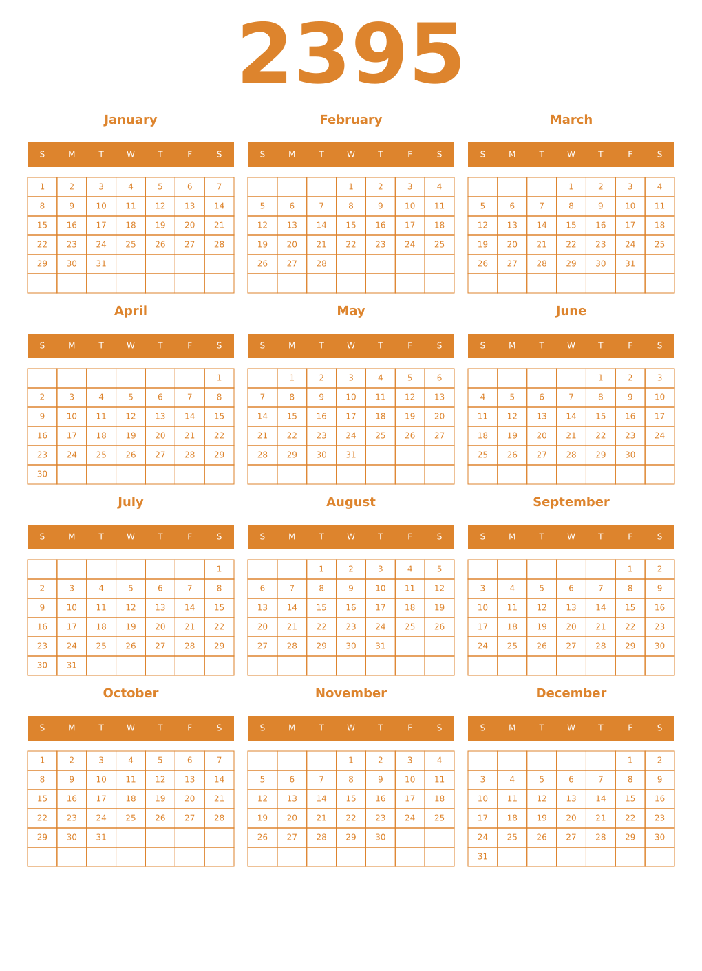 Printable 2395 Year Calendars orange