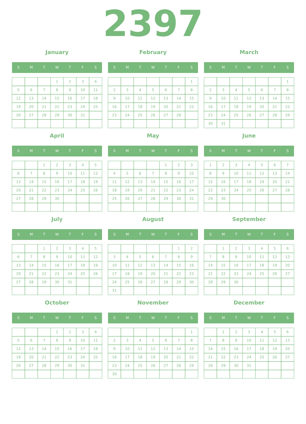 Printable 2397 Year Calendars celadon