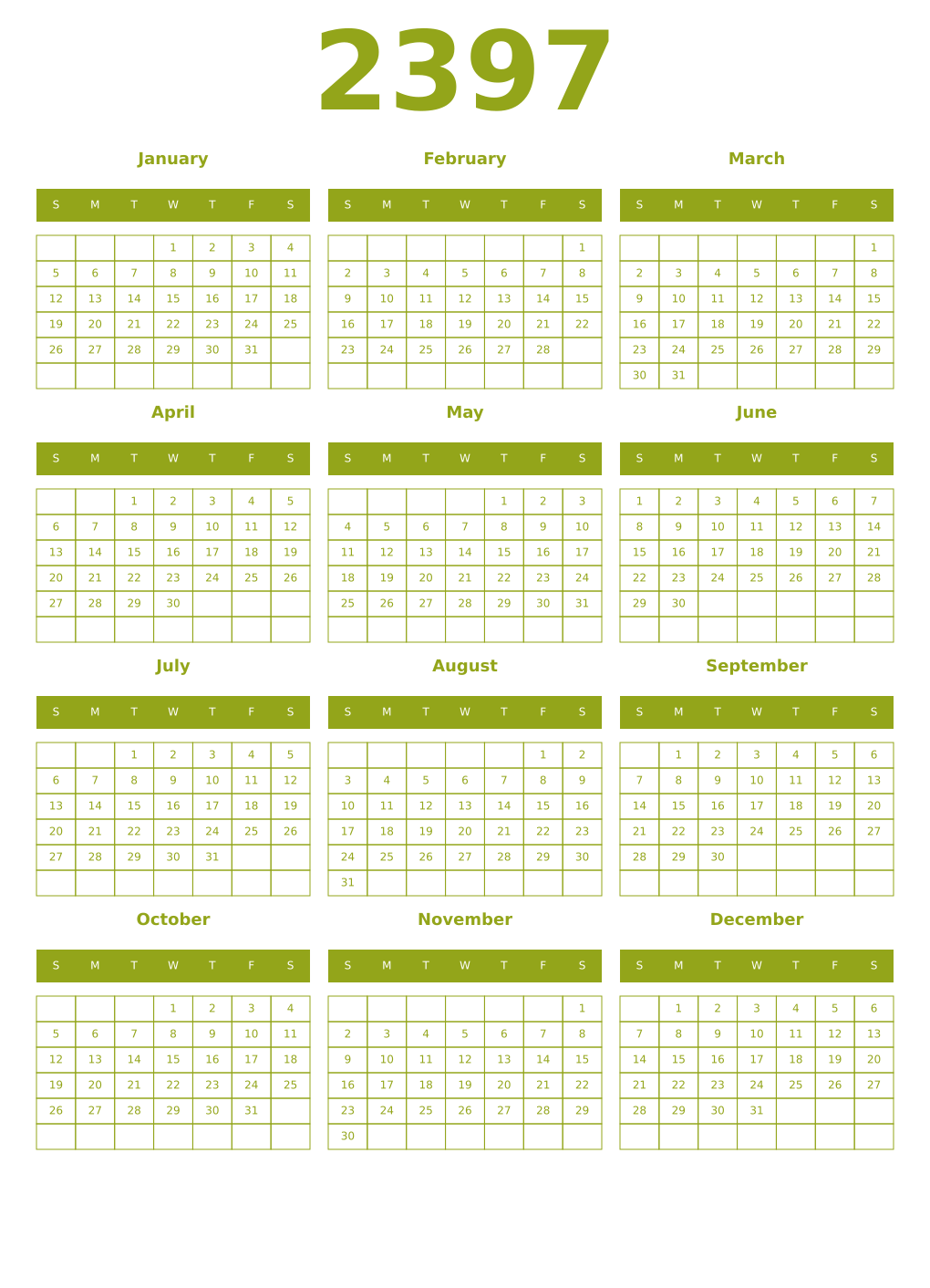 Printable 2397 Year Calendars chartreuse