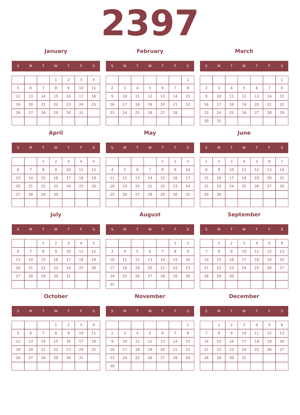 Printable 2397 Year Calendars cordovan