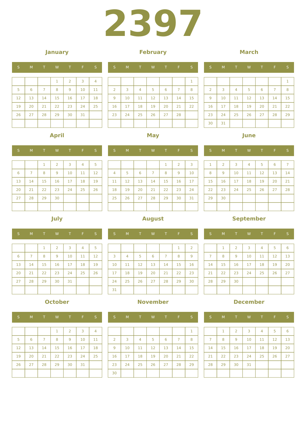 Printable 2397 Year Calendars eburnean
