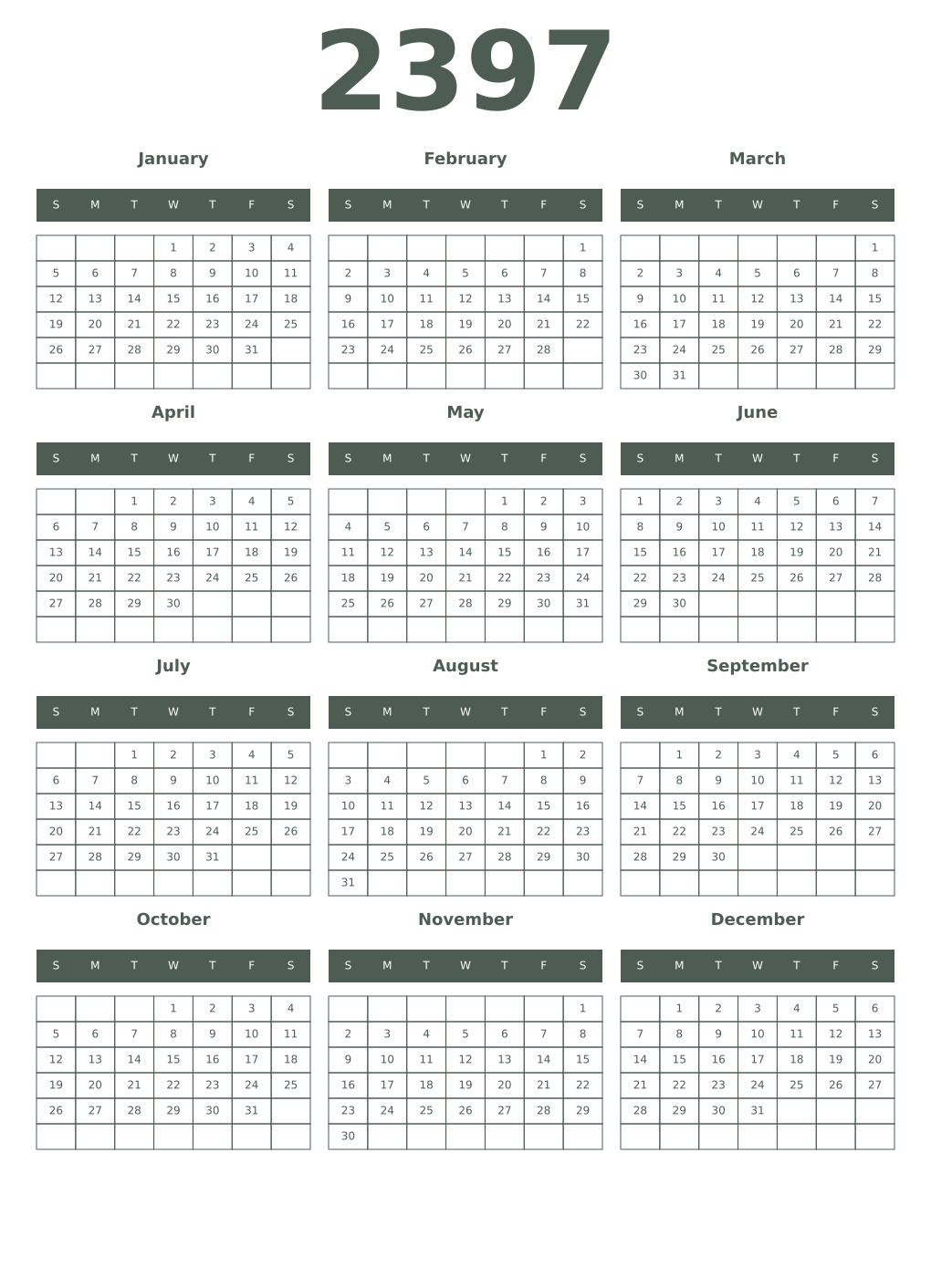 Printable 2397 Year Calendars feldgrau