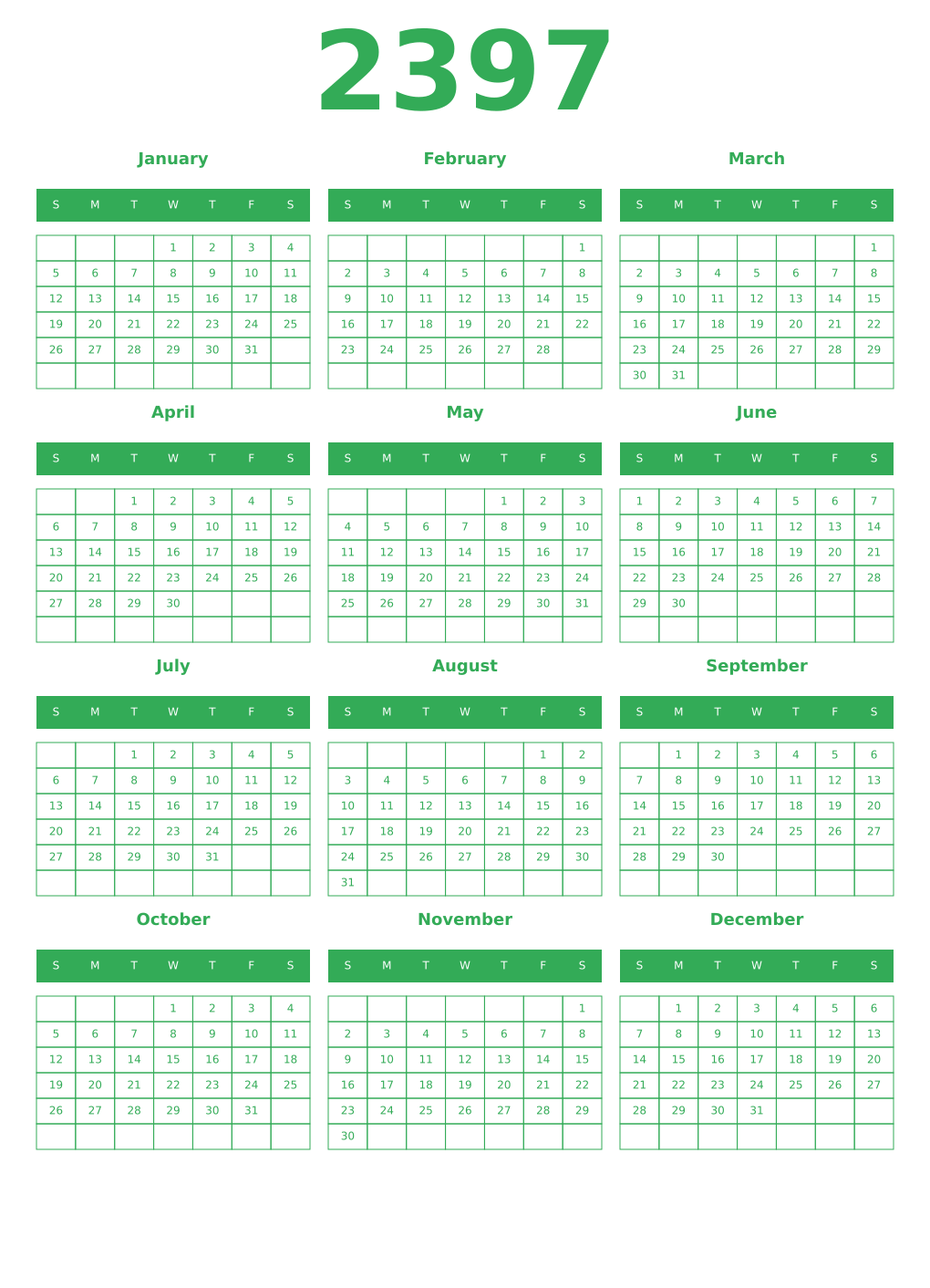 Printable 2397 Year Calendars green