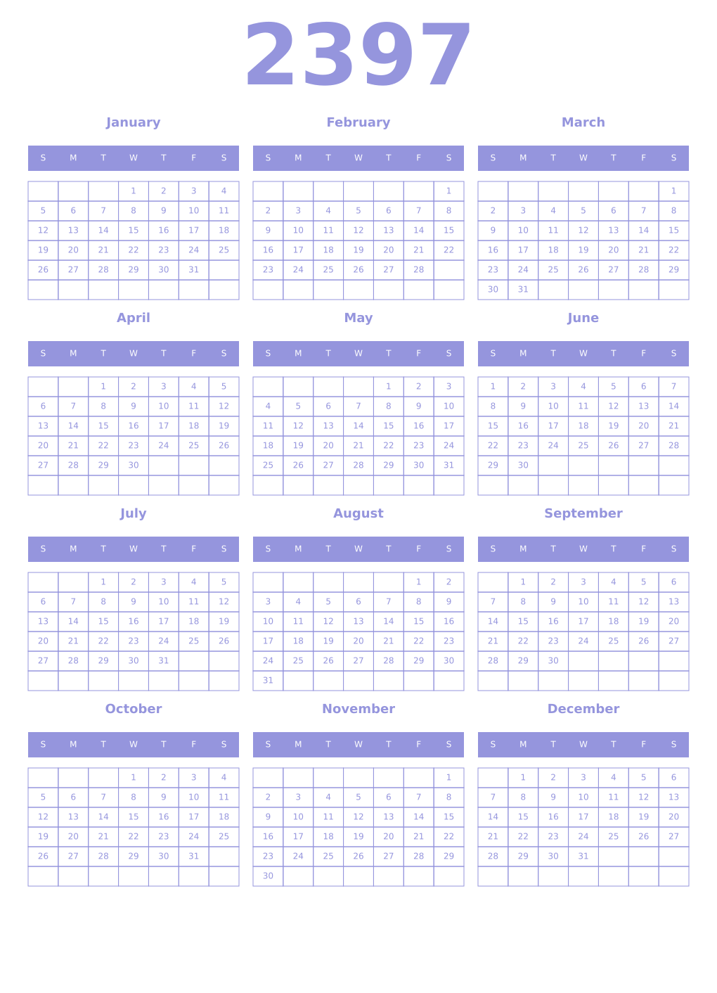Printable 2397 Year Calendars periwinkle