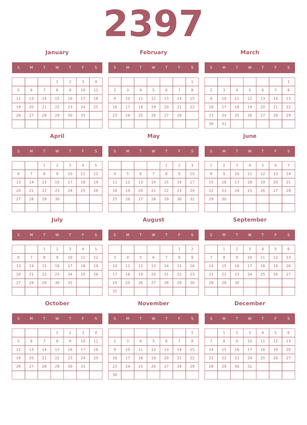 Printable 2397 Year Calendars puce