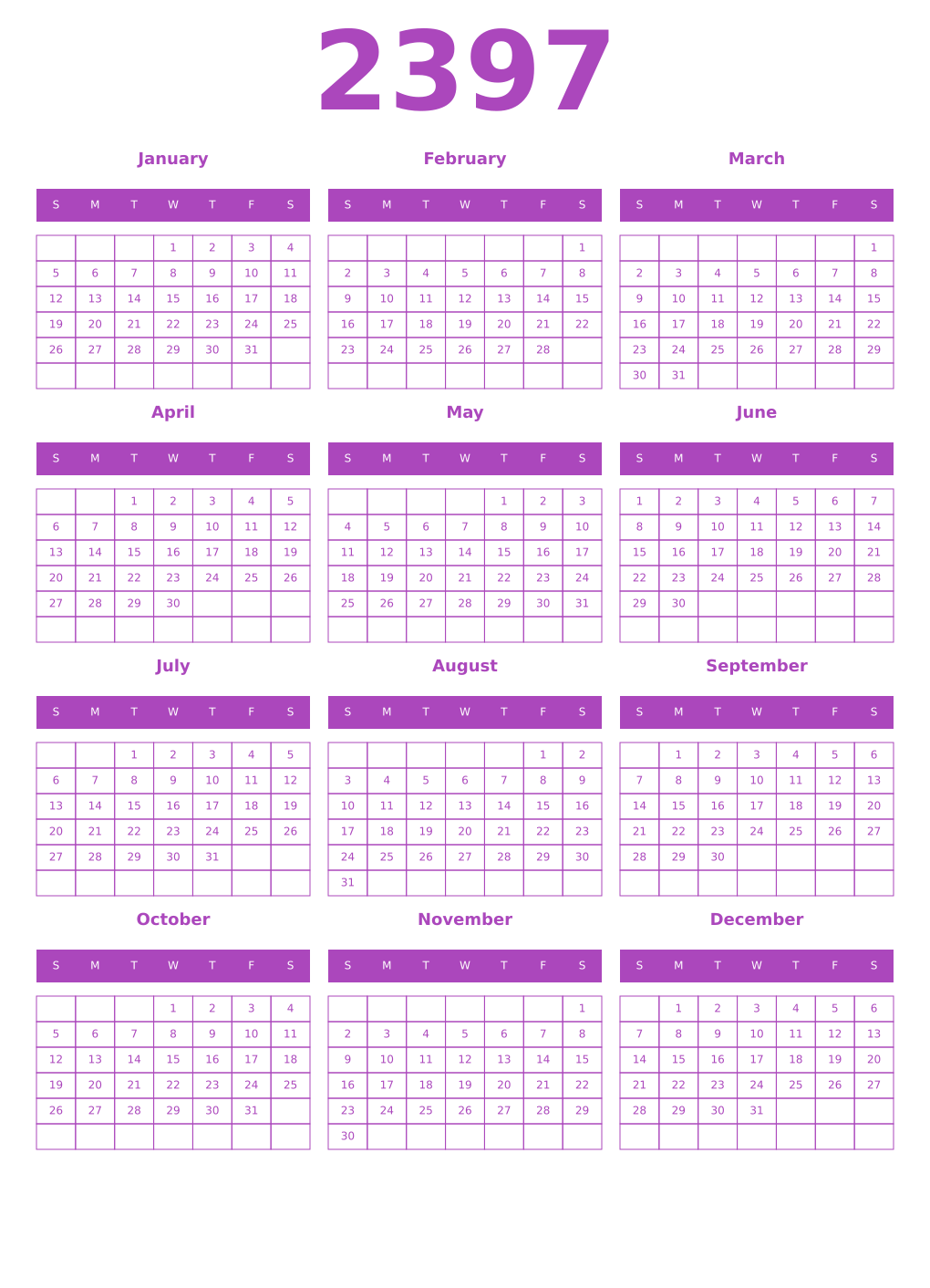 Printable 2397 Year Calendars purple