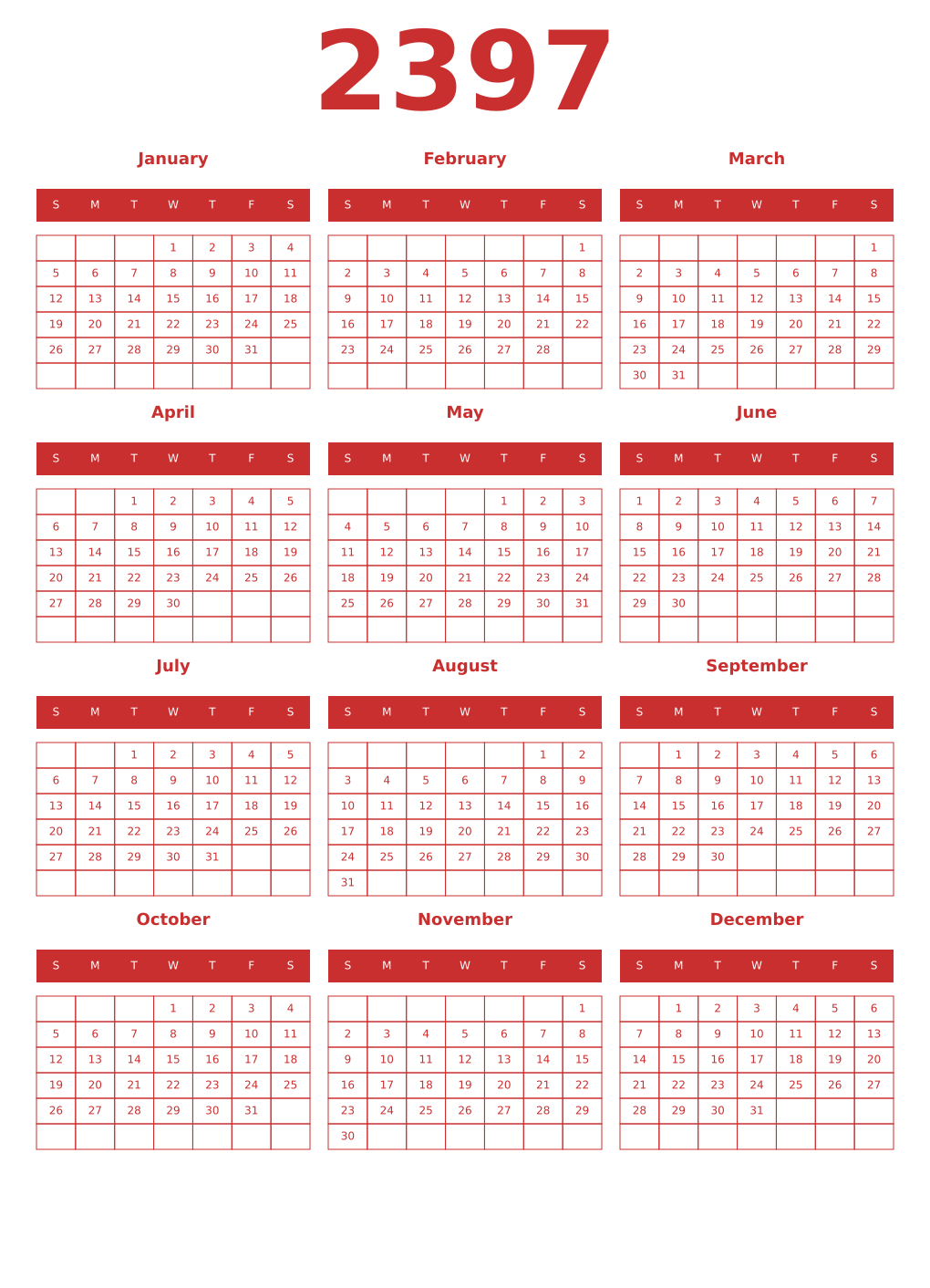 Printable 2397 Year Calendars red