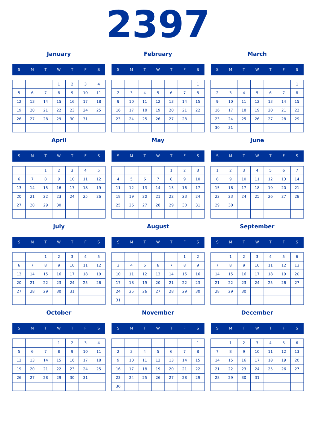 Printable 2397 Year Calendars smalt