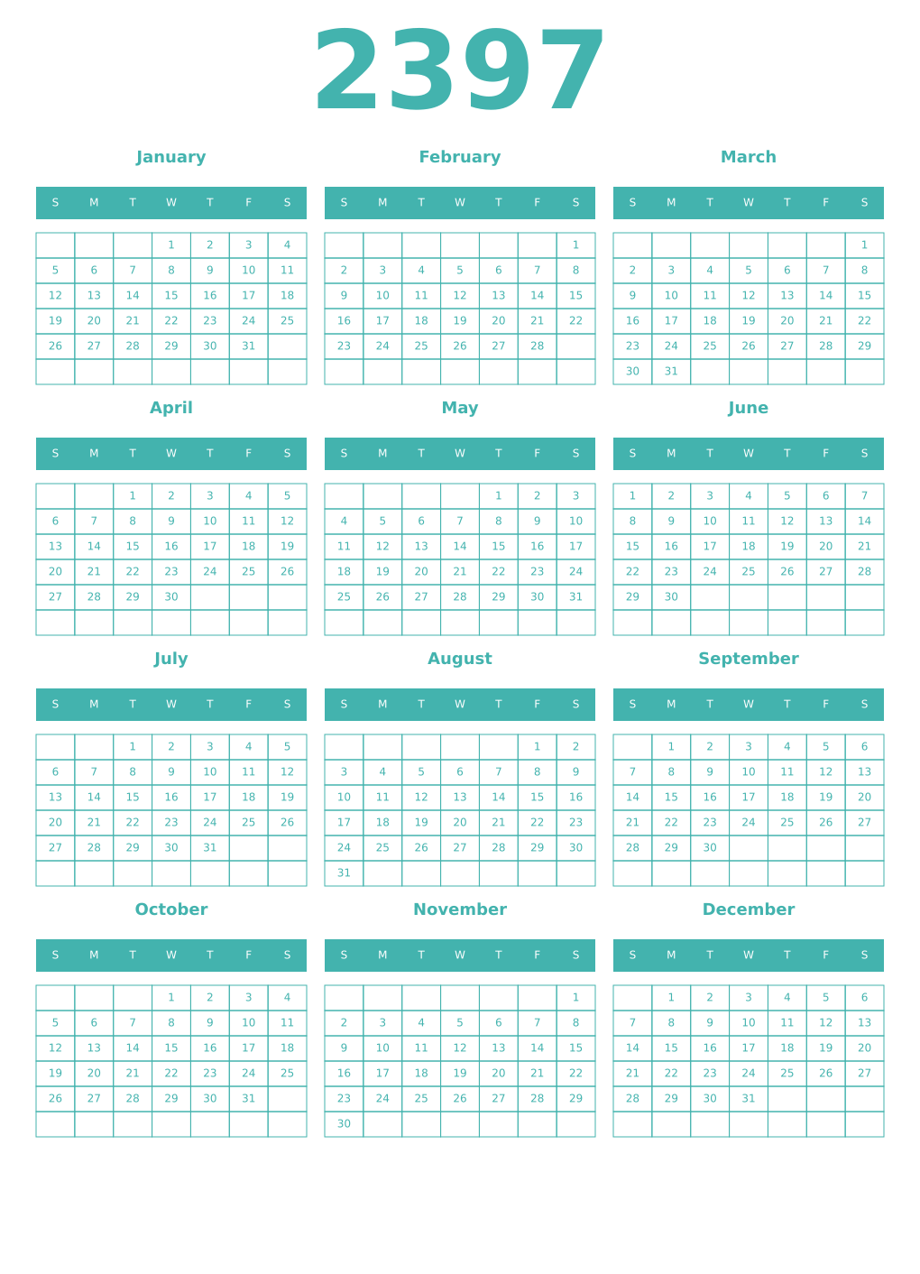 Printable 2397 Year Calendars verdigris