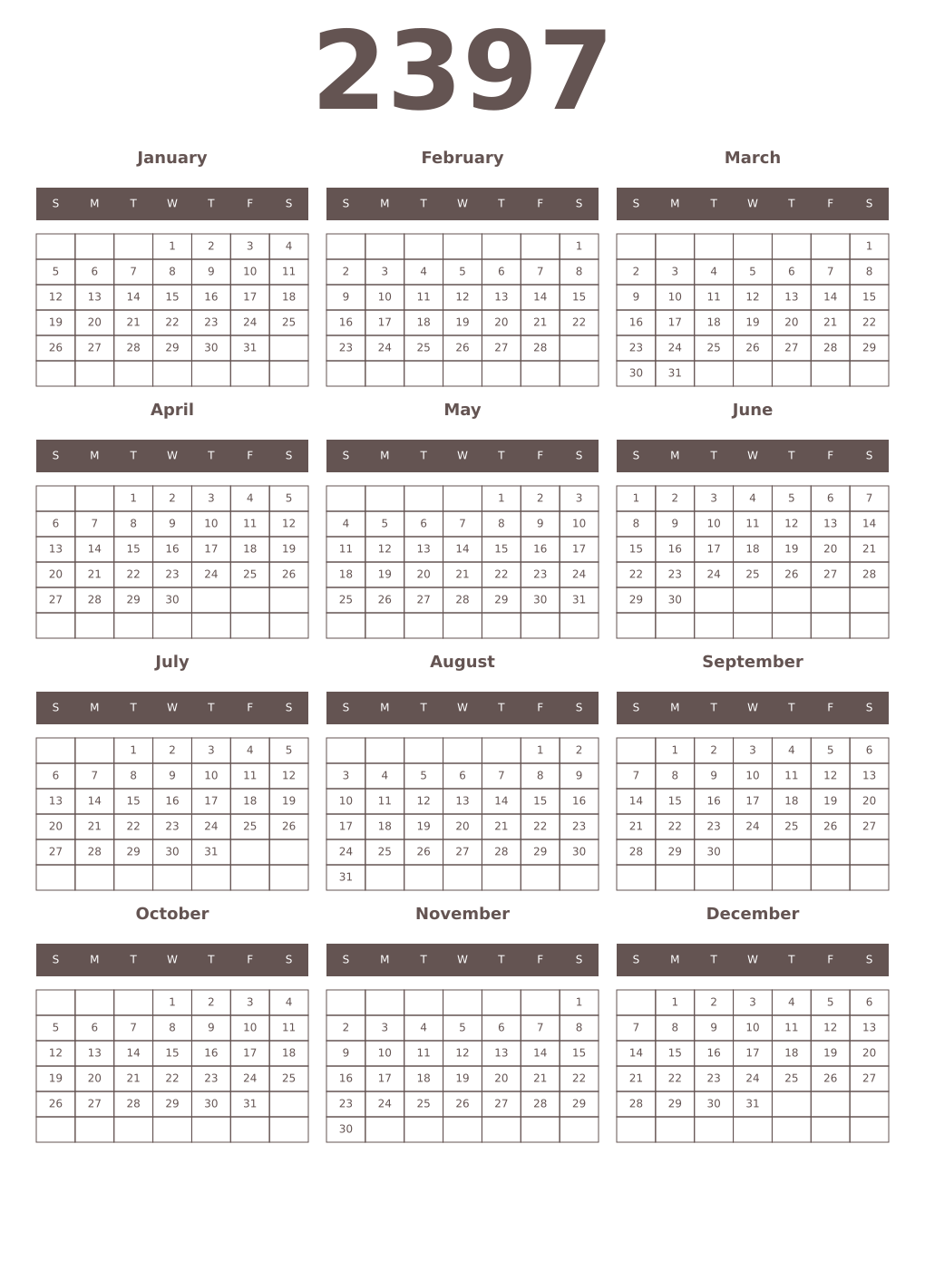 Printable 2397 Year Calendars wenge