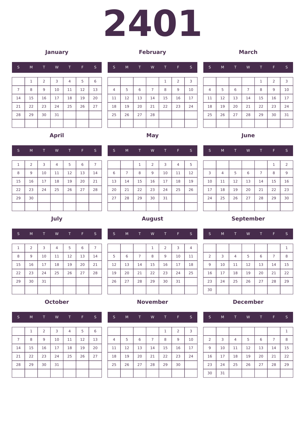Printable 2401 Year Calendars aubergine