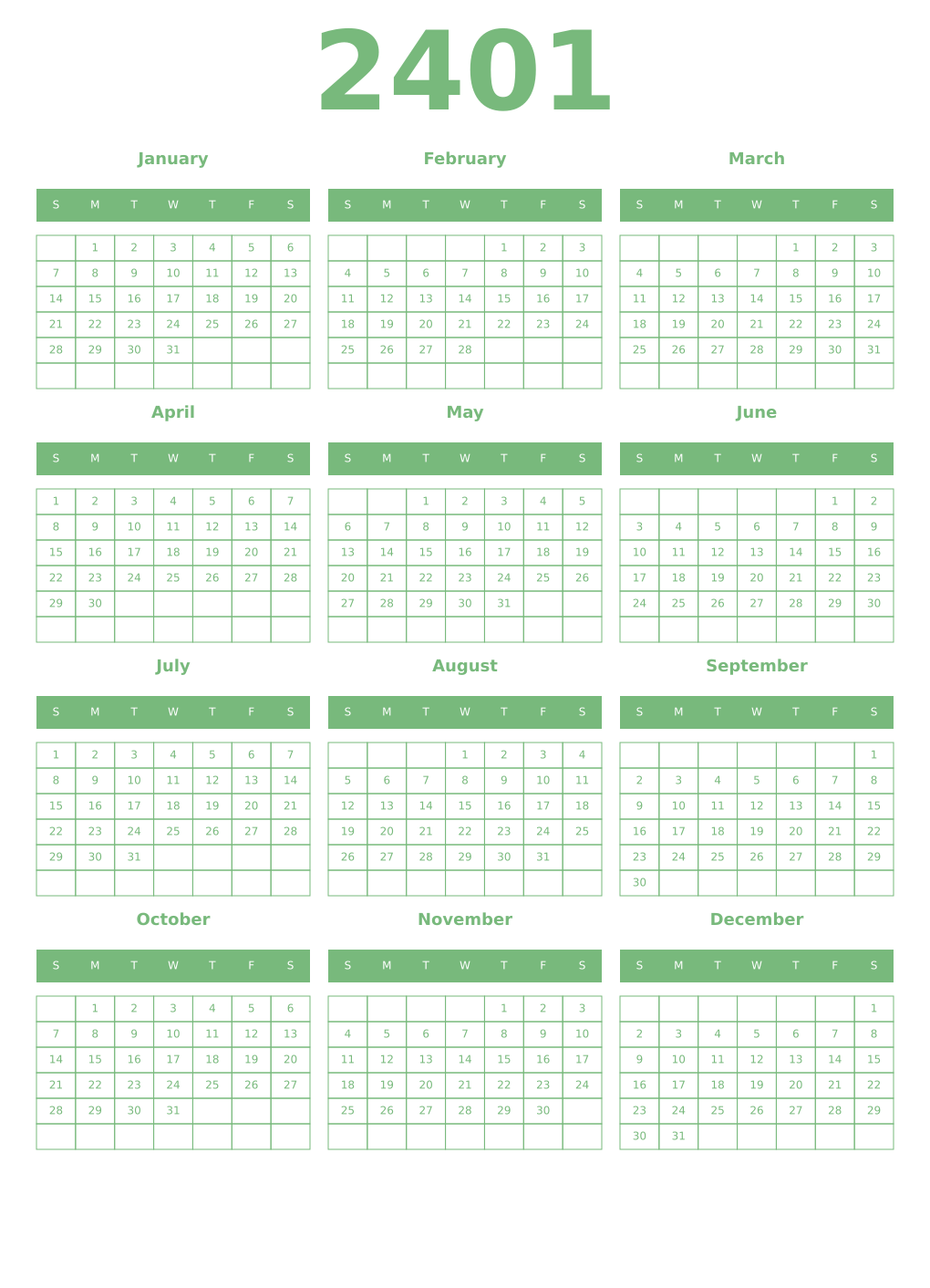 Printable 2401 Year Calendars celadon