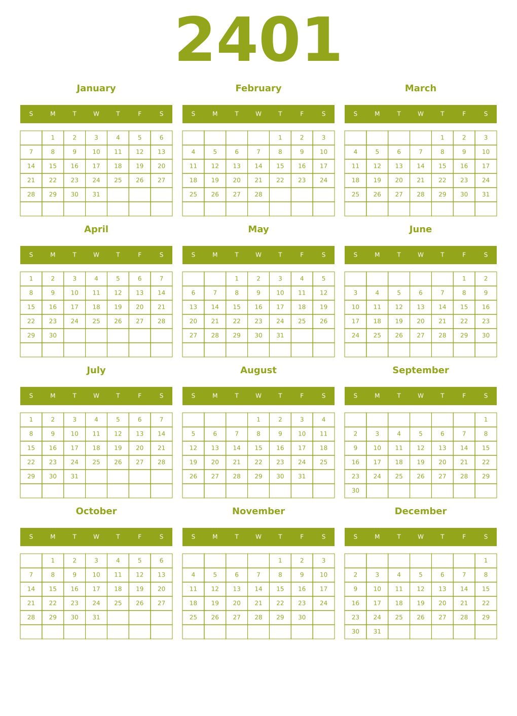 Printable 2401 Year Calendars chartreuse