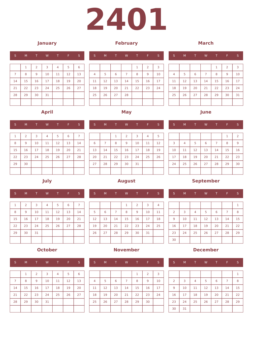 Printable 2401 Year Calendars cordovan