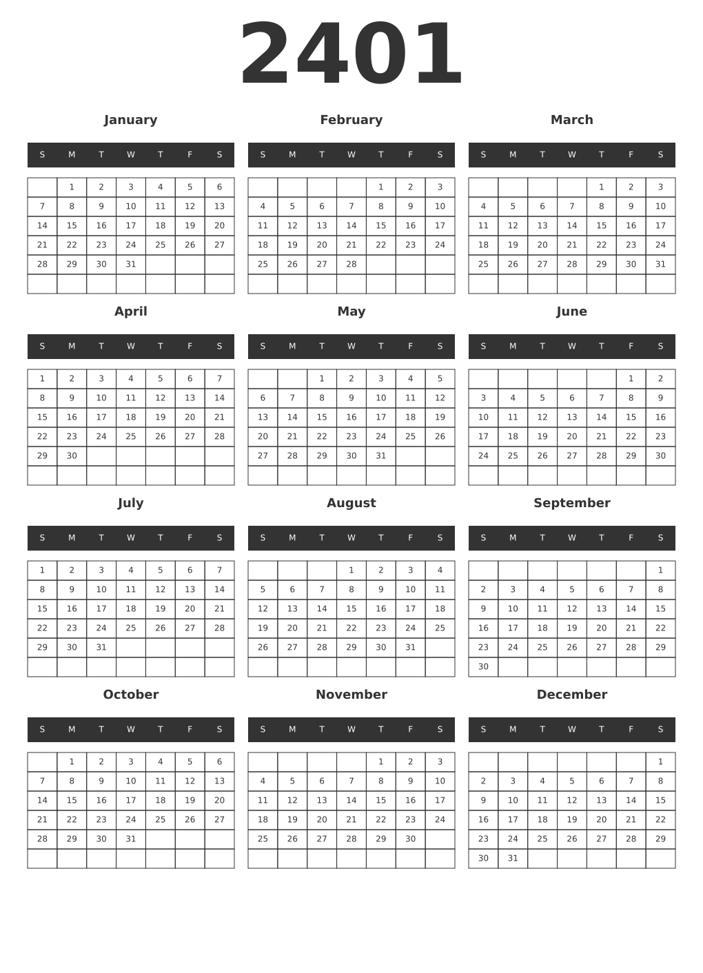 Printable 2401 Year Calendars dark