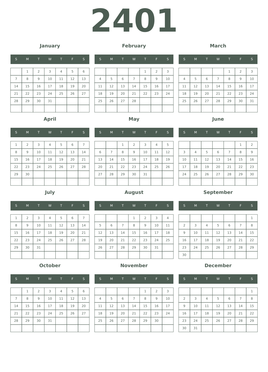 Printable 2401 Year Calendars feldgrau