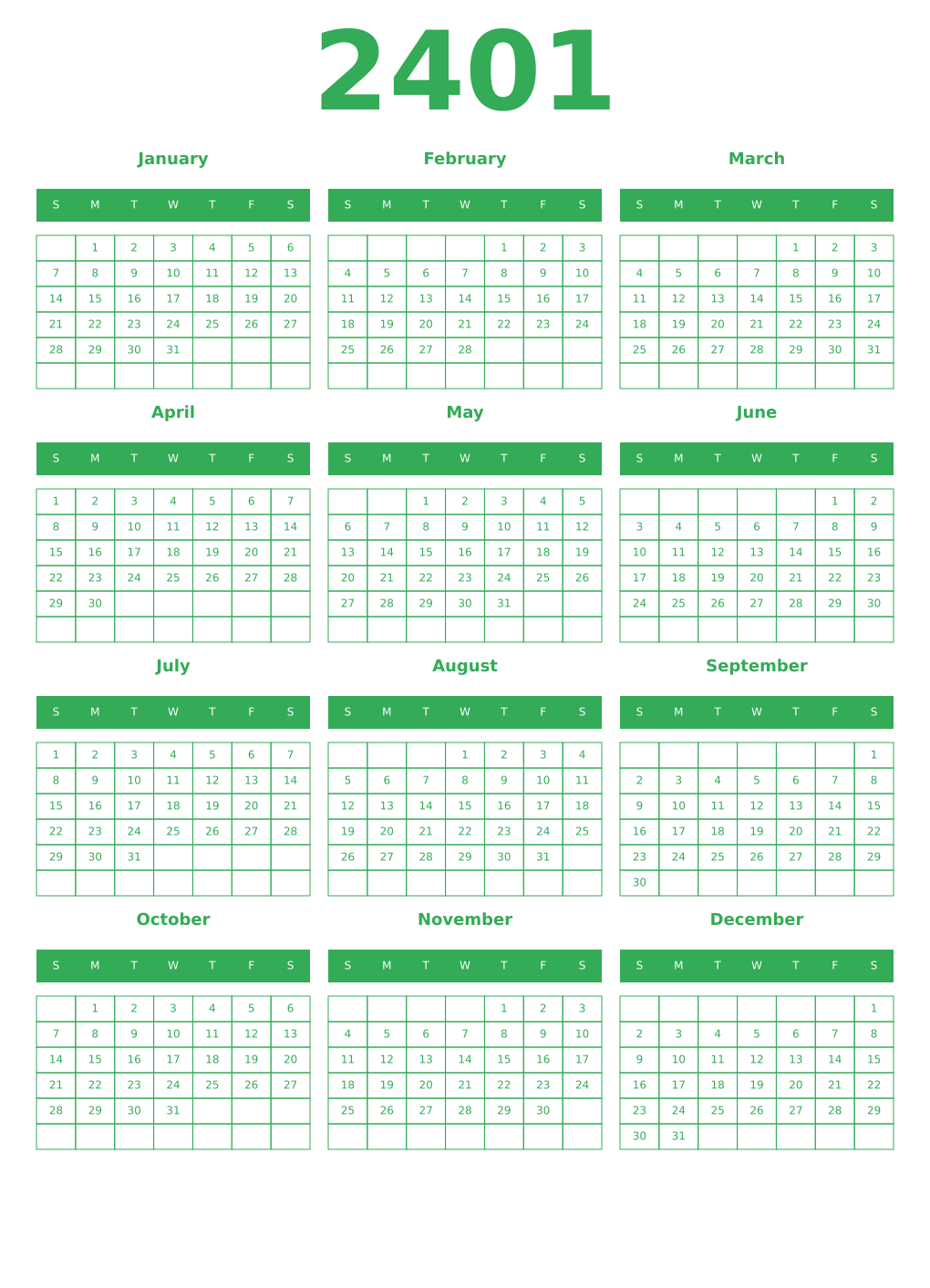 Printable 2401 Year Calendars green