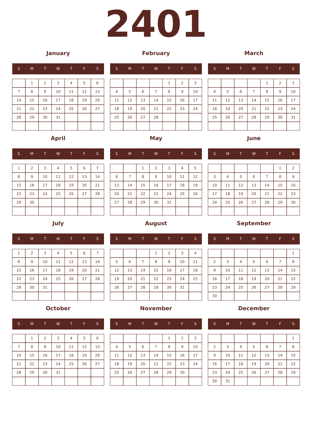 Printable 2401 Year Calendars mortuum