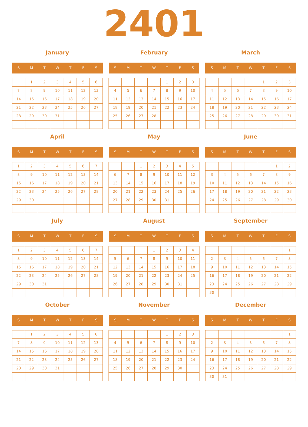 Printable 2401 Year Calendars orange